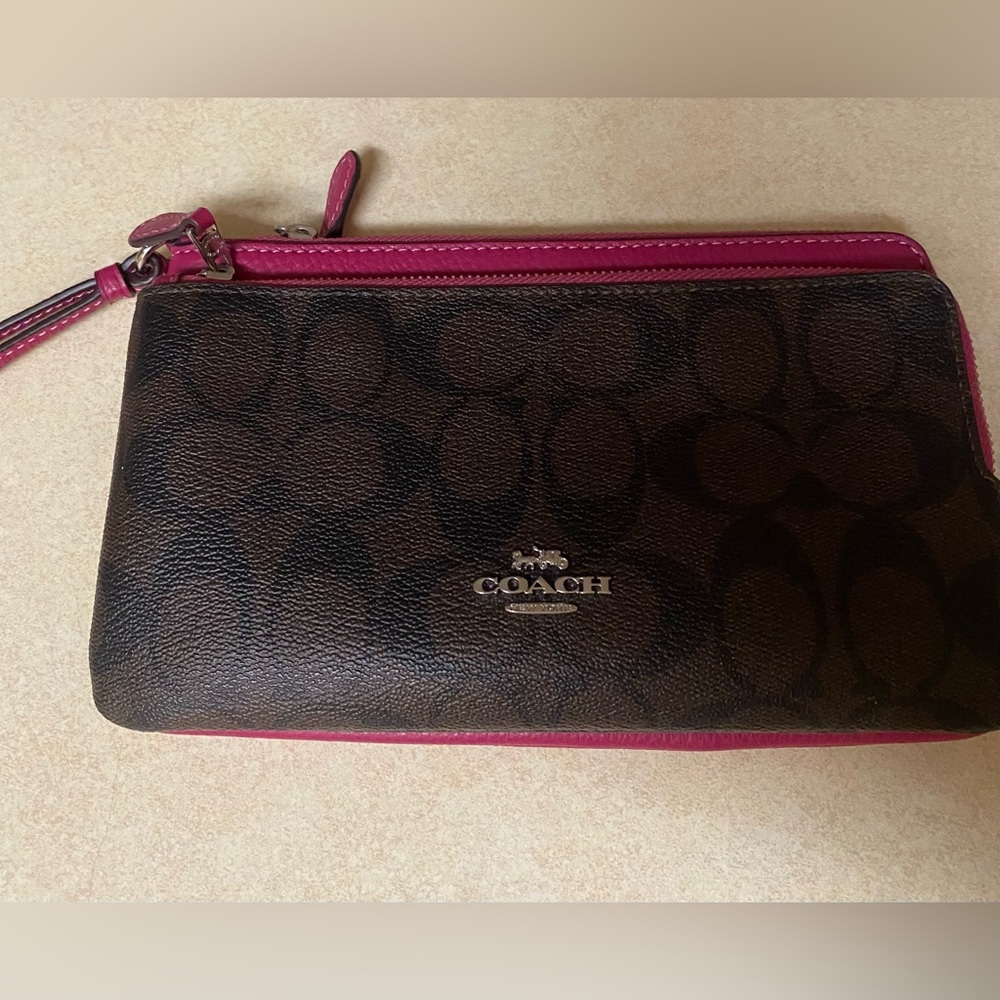 Coach Brown Signature Canvas Wristlet with Hot Pink Trim